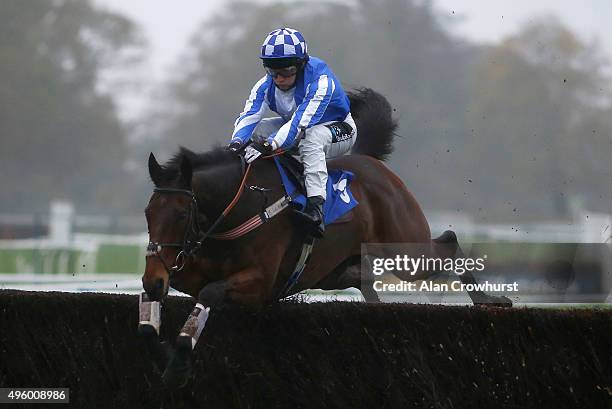 Jamie Moore riding Mr Bachster on their way to winning The Come To The Races With Racing Travel Handicap Steeple Chase at Fontwell racecourse on...