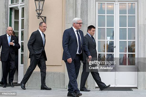 French Foreign Minister Laurent Fabius , Russian Foreign Minister Sergei Lavrov and German Foreign Minister Frank-Walter Steinmeier arrive for a...