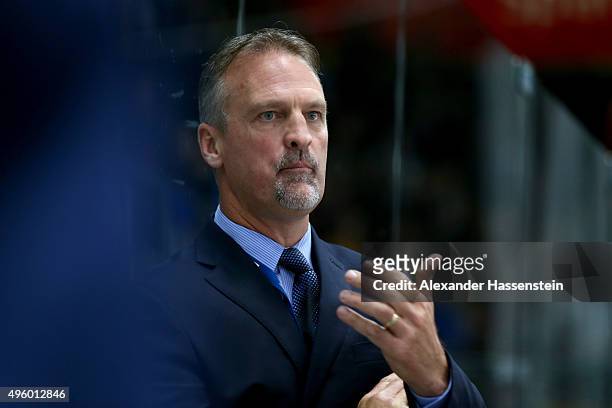 Mark Osiecki, head coach of the USA looks on during match 1 of the Deutschland Cup 2015 between USA and Slovakia at Curt-Frenzel-Stadion on November...