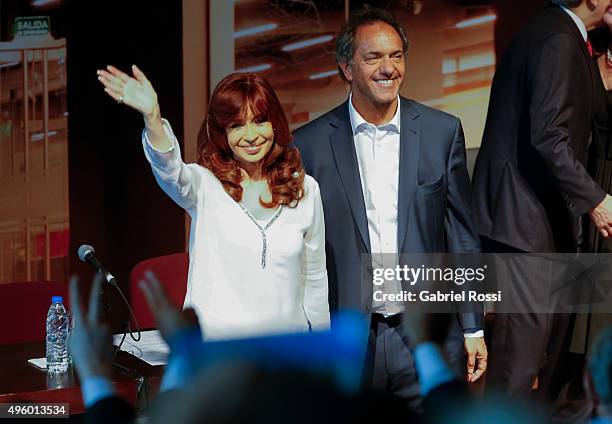 President of Argentina Cristina Fernandez de Kirchner and Daniel Scioli Buenos Aires Province Governor and Presidential Candidate for Frente para la...