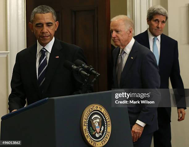 President Barack Obama, Vice President Joe Biden and Secretary of State John Kerry arrive for Obama's announcement to reject the Keystone XL pipeline...