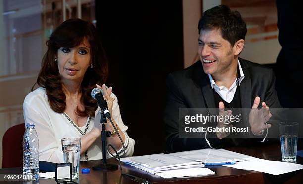 President of Argentina Cristina Fernandez de Kirchner and Economy Minister Axel Kicillof clap during the inauguration of the second stage of the...