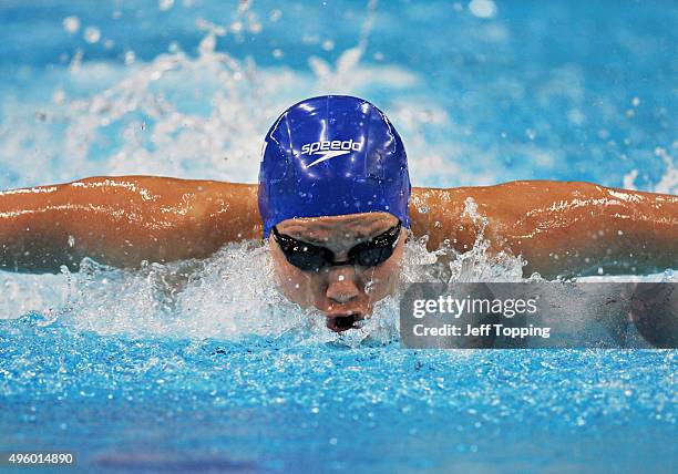 Jemma Lowe, of Great Britain, finished fifth in finals of the women's 100 meter butterfly during day one of the FINA Swimming World Cup 2015 at the...