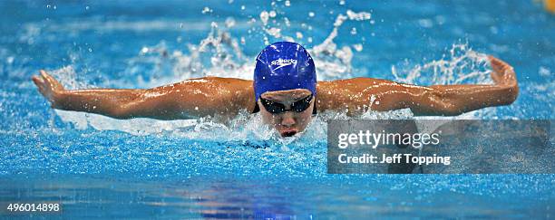 Jemma Lowe, of Great Britain, finished fifth in finals of the women's 100 meter butterfly during day one of the FINA Swimming World Cup 2015 at the...