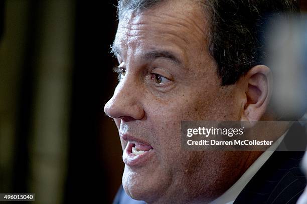 Republican Presidential candidate Chris Christie files paperwork for the New Hampshire primary at the State House November 6, 2015 in Concord, New...