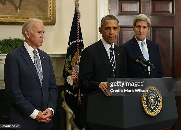 President Barack Obama, flanked by Vice President Joe Biden and U.S. Secretary of State John Kerry , announces his decision to reject the Keystone XL...