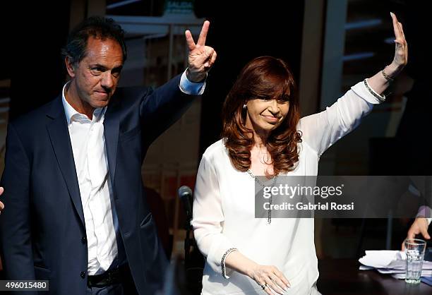 President of Argentina Cristina Fernandez de Kirchner and Daniel Scioli Buenos Aires Province Governor and Presidential Candidate for Frente para la...