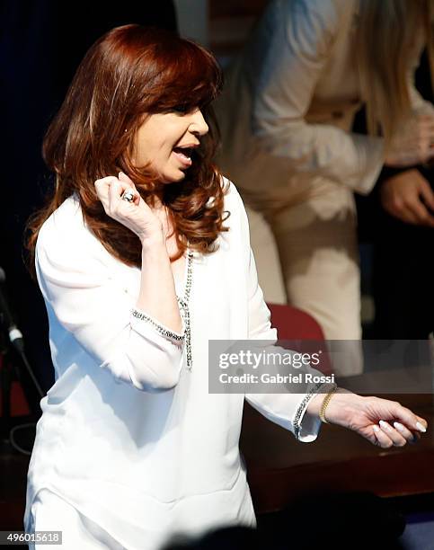 President of Argentina Cristina Fernandez de Kirchner gestures during the inauguration of the second stage of the Scientific and Technological Hub at...