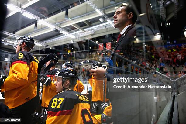 Marco Sturm, head coach of Germany looks on during match 2 of the Deutschland Cup 2015 between Germany and Switzerland at Curt-Frenzel-Stadion on...