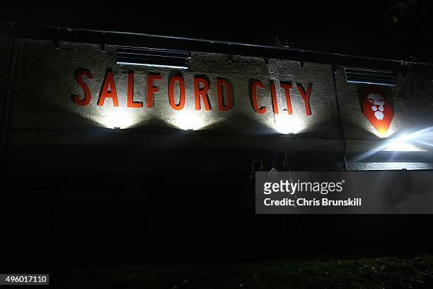 Fans arrive at the stadium ahead of the Emirates FA Cup First Round match between Salford City and Notts County at Moor Lane on November 06, 2015 in...