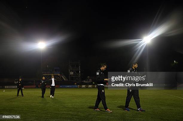 Notts County players inspect the pitch prior to the Emirates FA Cup First Round match between Salford City and Notts County at Moor Lane on November...