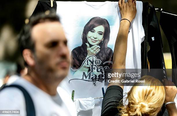 T-shirt with a picture of President of Argentina Cristina Fernandez de Kirchner on it, is seen during the inauguration of the second stage of the...