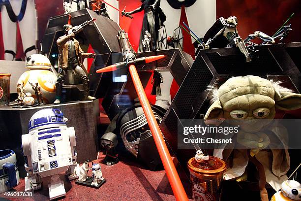 Action figures from the Star Wars movie 'Star Wars Episode VII : The Force Awakens' are displayed during the Christmas illuminations at the Galeries...