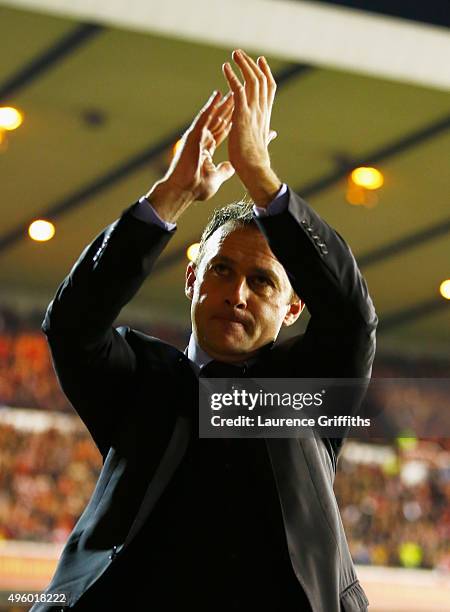 Dougie Freedman manager of Nottingham Forest applauds the crowd prior to the Sky Bet Championship match between Nottingham Forest and Derby County at...