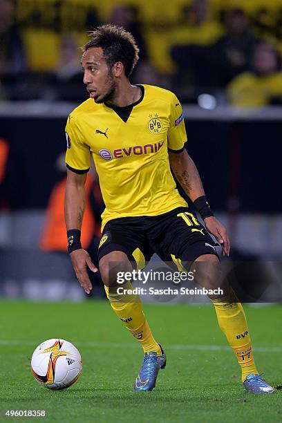 Pierre-Emerick Aubameyang of Dortmund runs with the ball during the UEFA Europa League group stage match between Borussia Dortmund and Qabala FK at...