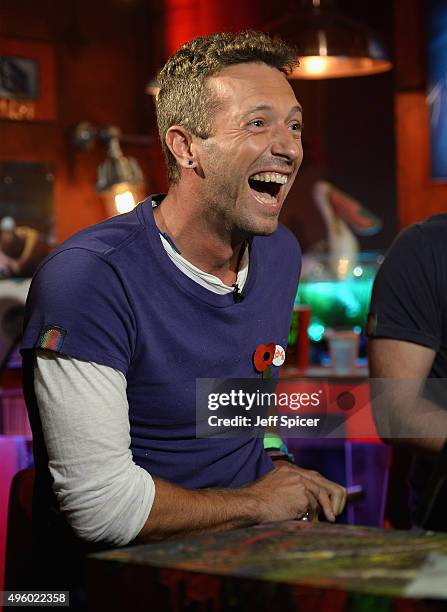 Chris Martin from Coldplay during a live broadcast of "TFI Friday" at the Cochrane Theatre on November 6, 2015 in London, England.