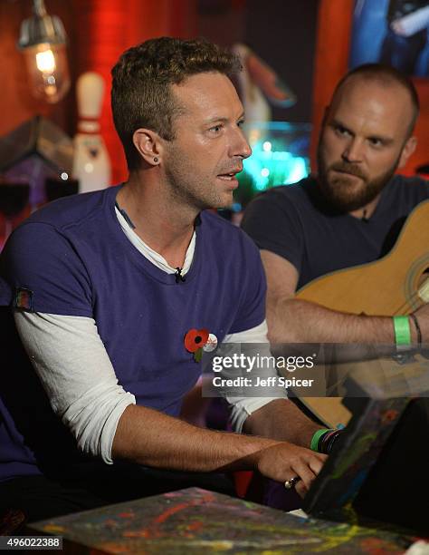 Chris Martin and Will Champion from Coldplay during a live broadcast of "TFI Friday" at the Cochrane Theatre on November 6, 2015 in London, England.