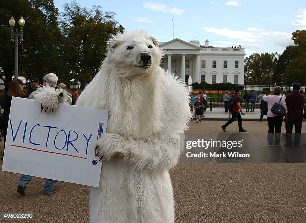 Dressed as a Polar Bear climate control activist Catherine Kilduff from the Center for Biological Diversity holds a victory sign after after...