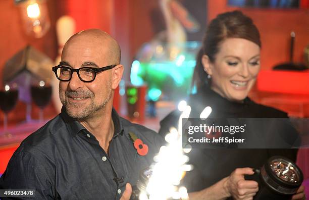 Stanley Tucci and Julianne Moore during a live broadcast of "TFI Friday" at the Cochrane Theatre on November 6, 2015 in London, England.