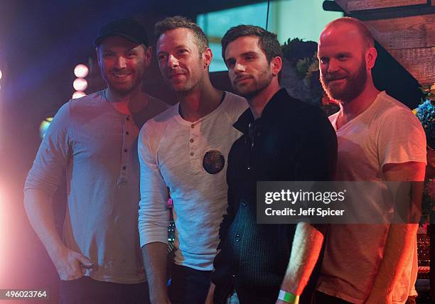 Jonny Buckland, Chris Martin, Guy Berryman and Will Champion from Coldplay ahead of a live broadcast of "TFI Friday" at the Cochrane Theatre on...