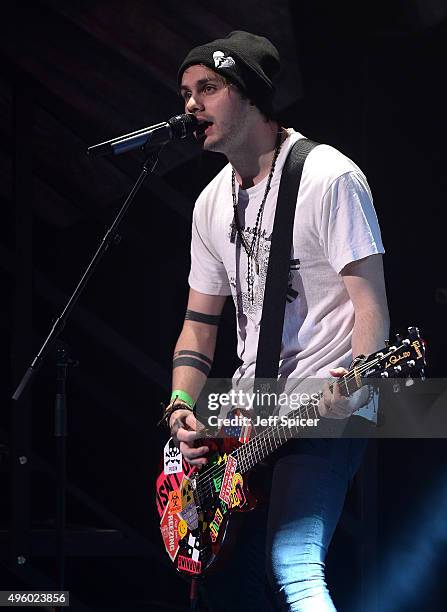 Michael Clifford from 5 Seconds of Summer performs during rehearsals ahead of a live broadcast of "TFI Friday" at the Cochrane Theatre on November 6,...