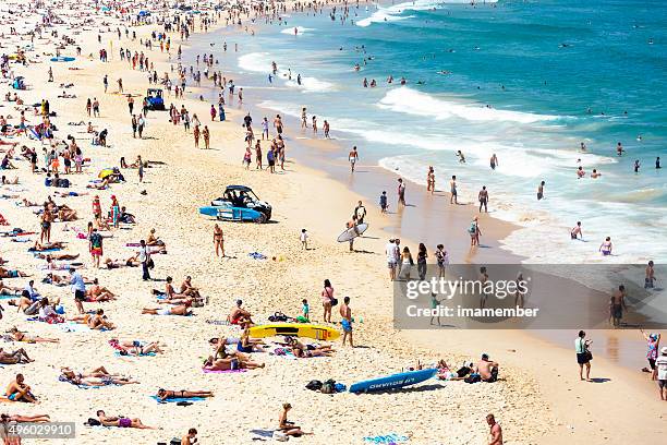 crowded beach in hot summer day, bondi beach sydney australia - lifeguard stock pictures, royalty-free photos & images