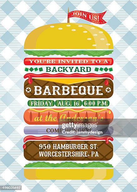 ilustrações de stock, clip art, desenhos animados e ícones de empilhados hambúrguer bbq convite - hamburguer