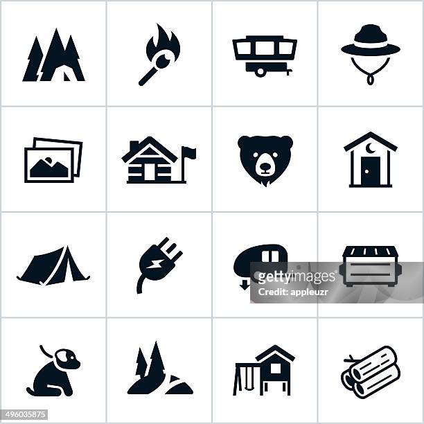 illustrations, cliparts, dessins animés et icônes de terrain de camping icônes noir - bois de chauffage