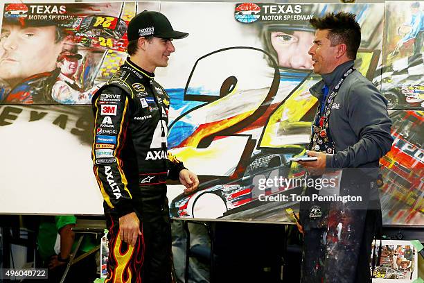 Retiring driver Jeff Gordon attends a press conference with sports artist David Arrigo at Texas Motor Speedway on November 6, 2015 in Fort Worth,...