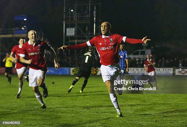 Richie Allen of Salford City celebrates as he scores their second goal during the Emirates FA Cup first round match between Salford City and Notts...