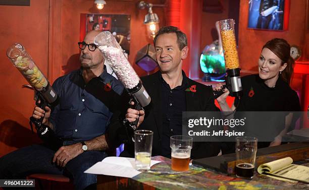 Stanley Tucci, Alexander Armstrong and Julianne Moore during a live broadcast of "TFI Friday" at the Cochrane Theatre on November 6, 2015 in London,...