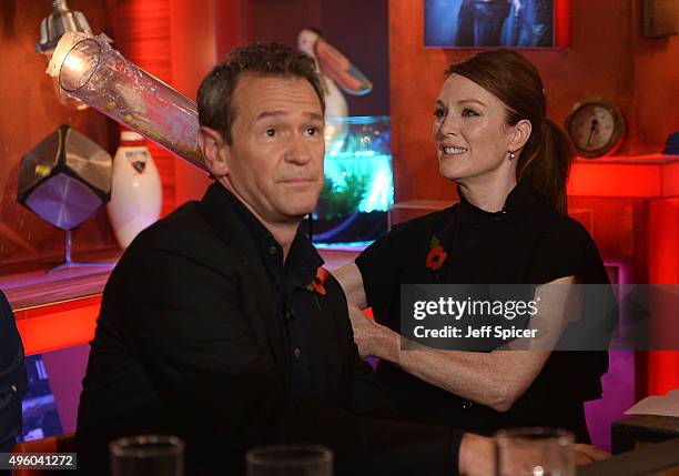 Alexander Armstrong and Julianne Moore during a live broadcast of "TFI Friday" at the Cochrane Theatre on November 6, 2015 in London, England.