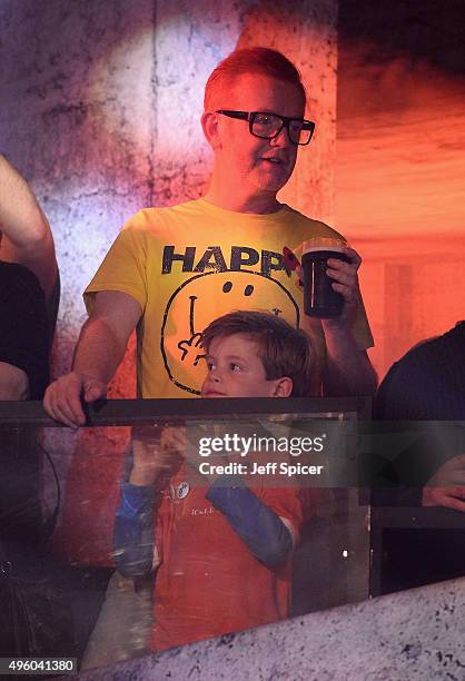 Host Chris Evans with his son Noah during a live broadcast of "TFI Friday" at the Cochrane Theatre on November 6, 2015 in London, England.