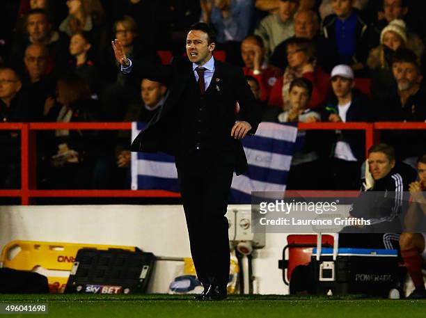 Dougie Freedman manager of Nottingham Forest gives instructions during the Sky Bet Championship match between Nottingham Forest and Derby County at...