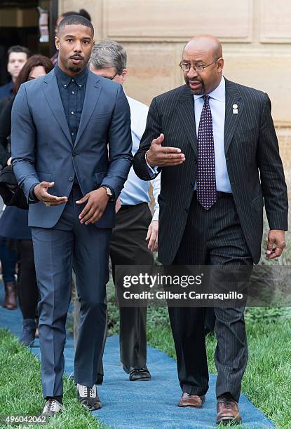 Actor Michael B. Jordan and Mayor of Philadelphia Michael Nutter during a Cast Of Creed Appearance at Philadelphia Museum of Art on November 6, 2015...