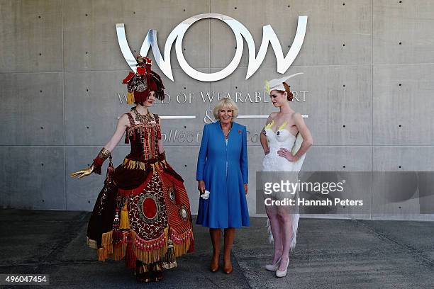 Camilla, Duchess Of Cornwall poses for a photo with models from the World of Wearable Arts Museum on November 7, 2015 in Nelson, New Zealand. The...