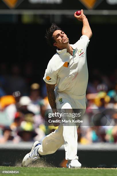 Mitchell Johnson of Australia bowls during day three of the First Test match between Australia and New Zealand at The Gabba on November 7, 2015 in...