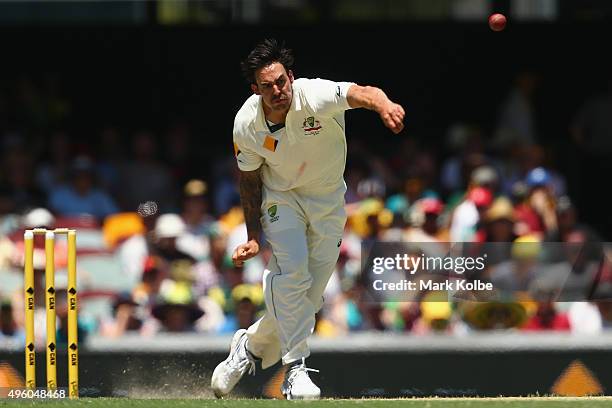 Mitchell Johnson of Australia bowls during day three of the First Test match between Australia and New Zealand at The Gabba on November 7, 2015 in...