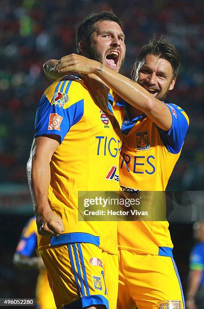 Andre Pierre Gignac of Tigres celebrates after scoring the first goal of his team during the 16th round match between Veracruz and Tigres UANL as...