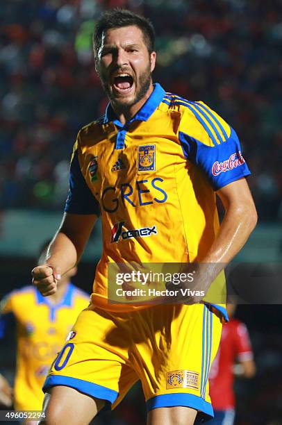 Andre Pierre Gignac of Tigres celebrates after scoring the first goal of his team during the 16th round match between Veracruz and Tigres UANL as...