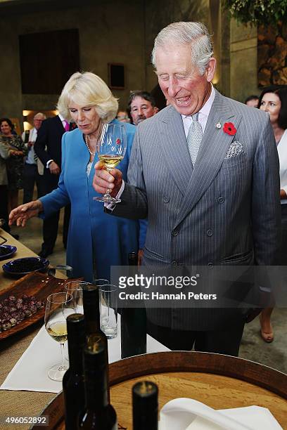 Prince Charles, Prince of Wales and Camilla, Duchess of Cornwall taste wine at Mahana Winery on November 7, 2015 in Nelson, New Zealand. The Royal...