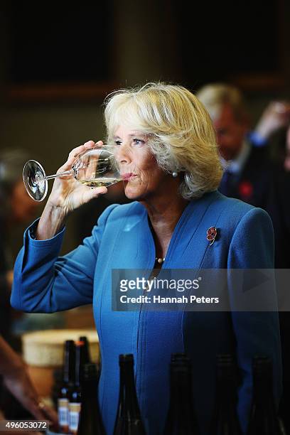 Camilla, Duchess of Cornwall tastes wine at Mahana Winery on November 7, 2015 in Nelson, New Zealand. The Royal couple are on a 12 day tour visiting...