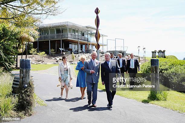 Prince Charles, Prince of Wales and Camilla, Duchess of Cornwall are shown around Mahana Winery with owners Glenn Schaeffer and Chandler Parker on...