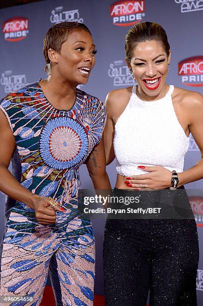 Actress Eva Marcille and recording artist Bridget Kelly attend the Style Stage presented by African Pride at the 2015 Soul Train Music Awards at the...