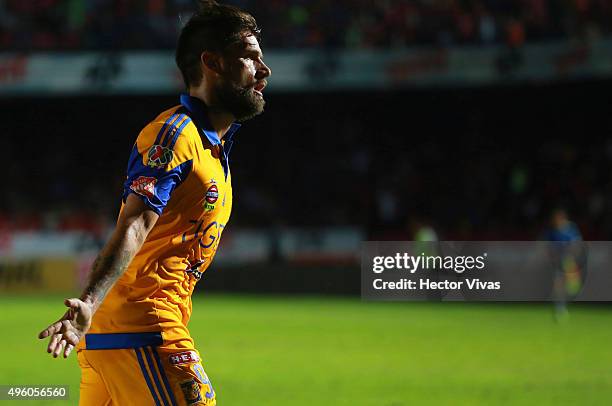 Rafael Sobis of Tigres celebrates after scoring the third goal of his team during the 16th round match between Veracruz and Tigres UANL as part of...