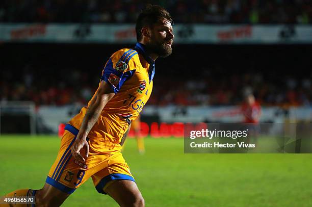 Rafael Sobis of Tigres celebrates after scoring the third goal of his team during the 16th round match between Veracruz and Tigres UANL as part of...