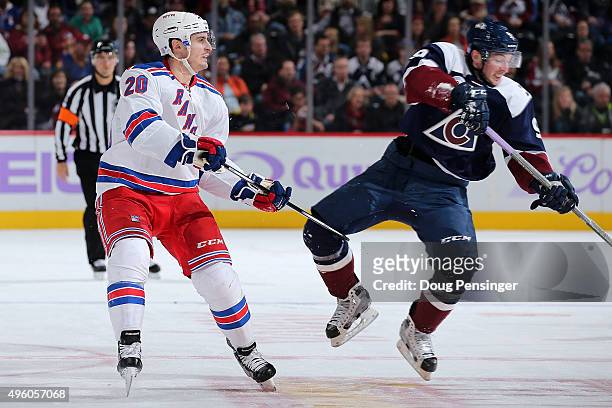 Chris Kreider of the New York Rangers draws a penalty for tripping against Matt Duchene of the Colorado Avalanche in the second period at Pepsi...