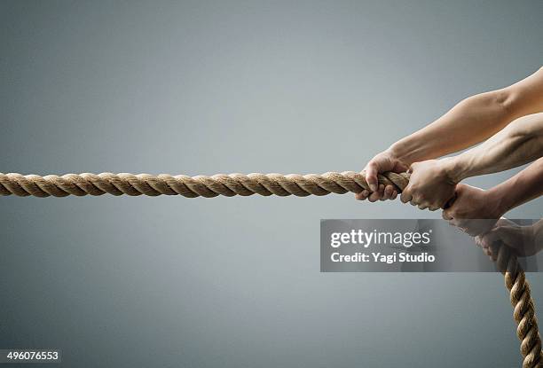 the hands of two men pulling the rope - stiff stock-fotos und bilder