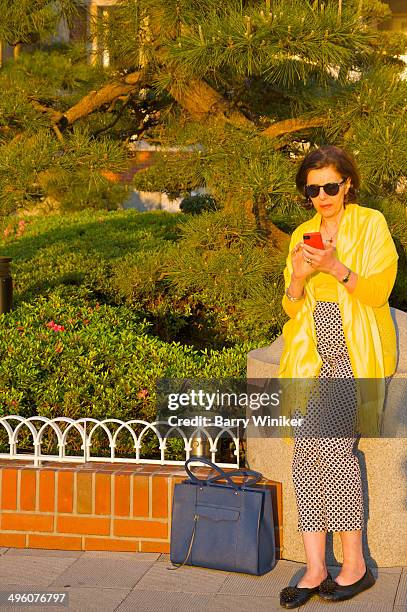 middle-aged woman looking at cellphone - cropped pants foto e immagini stock