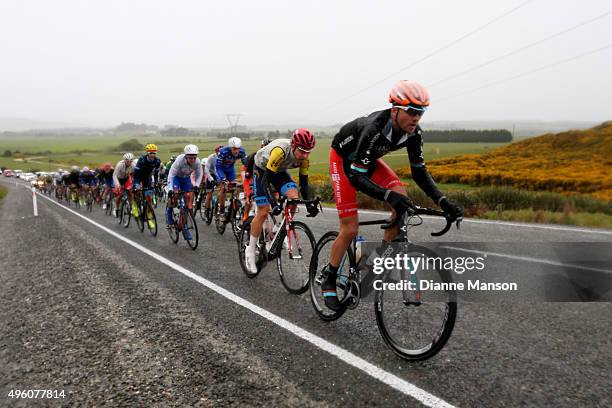 Michael Vink of Christchurch and Brad Evans of Dunedin battle the wet weather conditions out front of the main peloton in stage 7 of the Tour of...